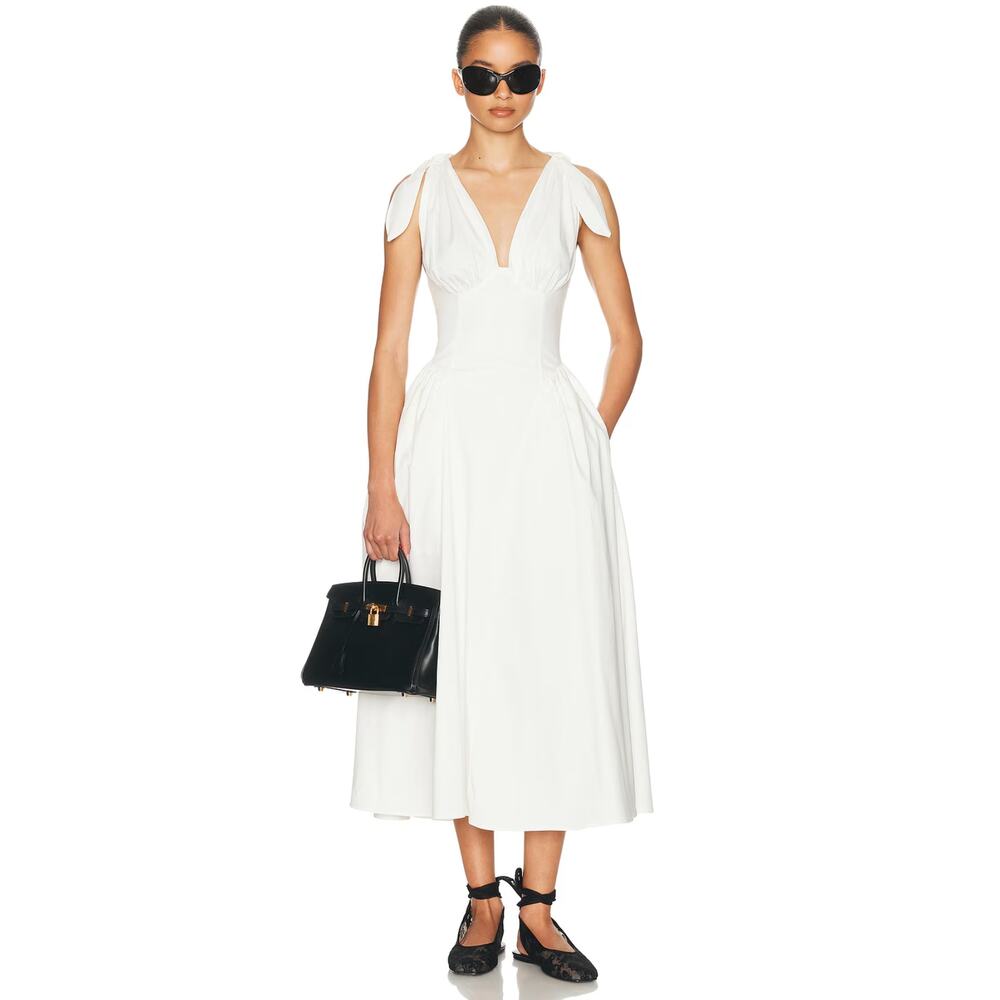 Helsa Fairweather Midi Dress in Stretch Cotton Sateen in Ivory